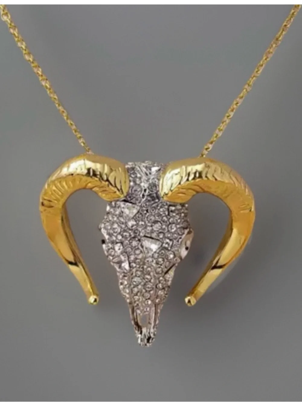 ALEXIS BITTAR Silver Gold Western Crystal Ram Head Skull Horn Necklace